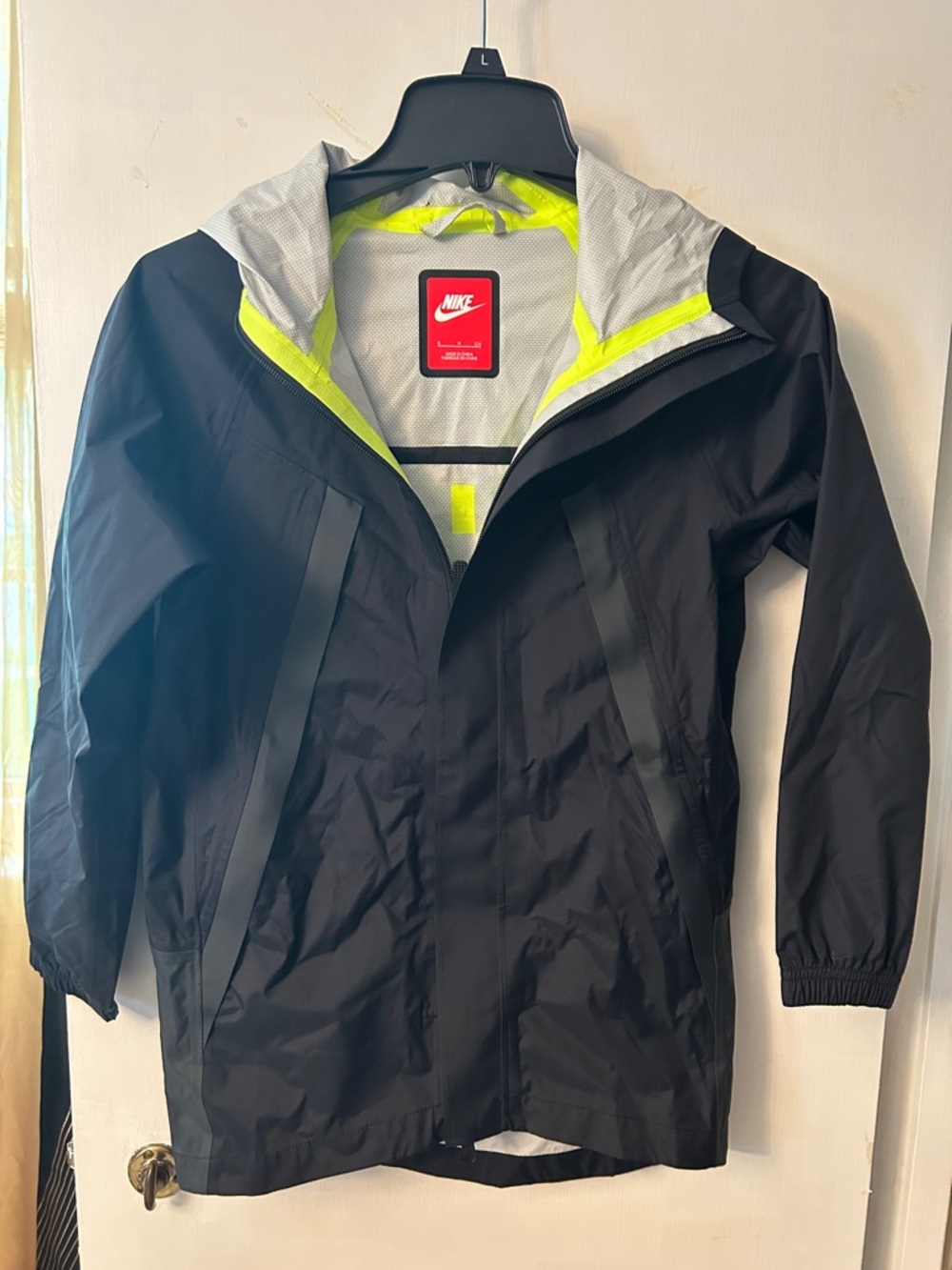 Nike New W/O Tags Black Rain Jacket with Neon Yellow Trim and Gray Hood